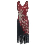 Oieyuz Womens Tassel Dress Slim Sleeveless V-Neck Patchwork Dress Stylish Sequin Party Dress