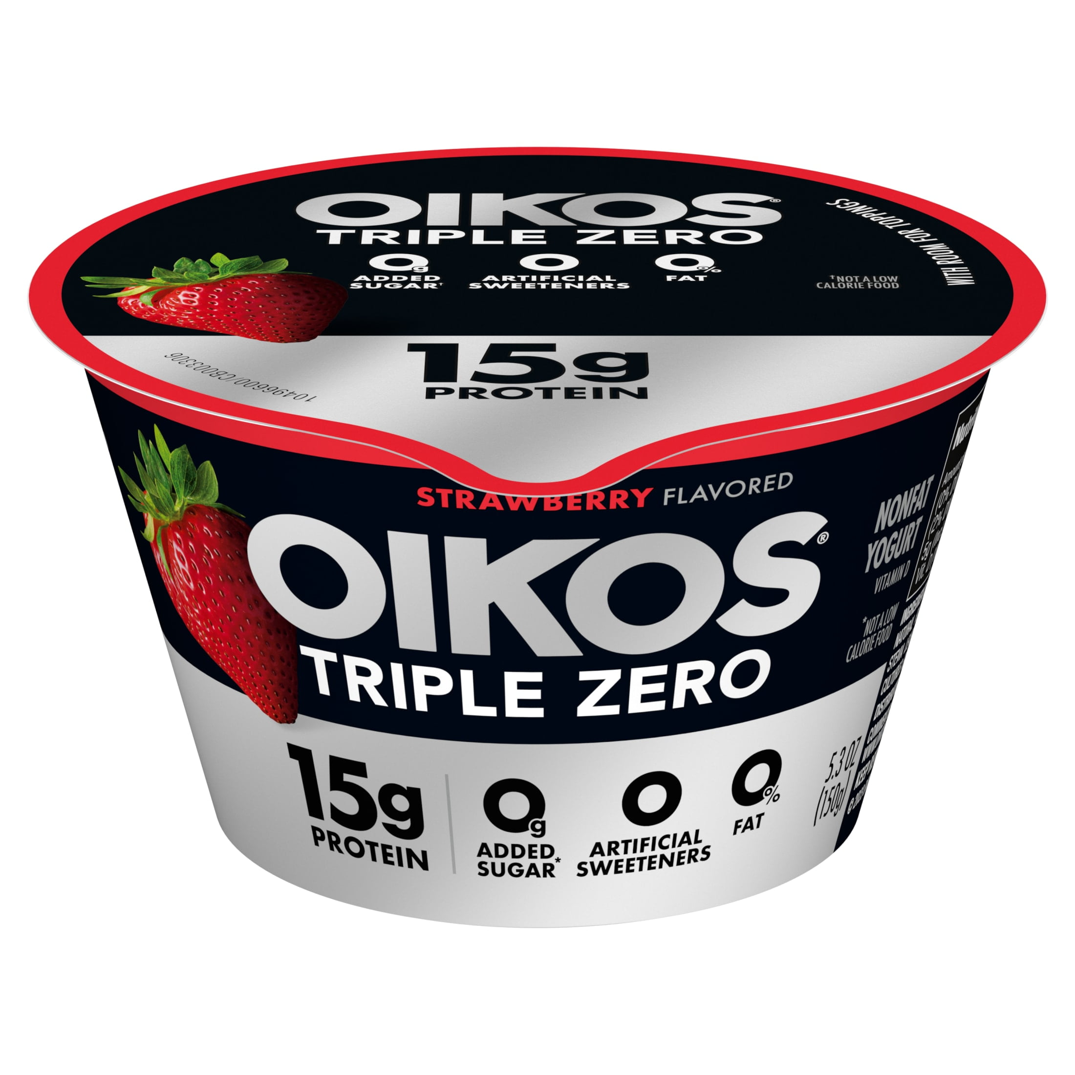 Oikos Triple Zero 15g Protein, 0g Added Sugar, Fat Free Strawberry Greek Yogurt Cup, 5.3 oz