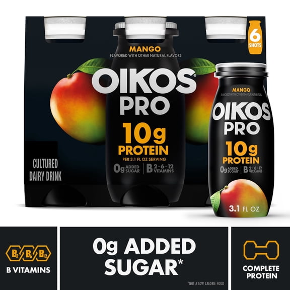 Oikos Pro Shots 10g Protein, Mango Cultured Dairy Drinks Bottles, 3.1 fl oz, 6 Count