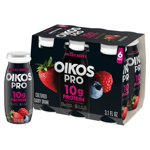 Oikos Pro Mixed Berry Dairy Drink, 10g of Protein, 0g Added Sugar, Convenient High Protein Snack, 3.1 fl oz Bottle, 6 Count