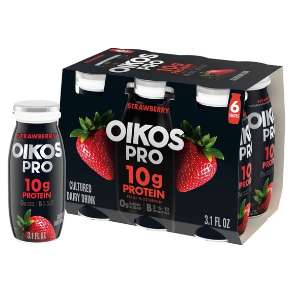 Oikos Pro Shots 10g Protein, Strawberry Cultured Dairy Drinks Bottles, 3.1 fl oz, 6 Count