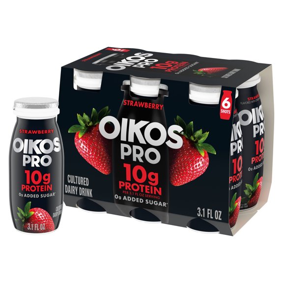 Oikos Pro Shots 0g Added Sugar Strawberry Dairy Drink, 3.1 Fl oz, 6 Ct