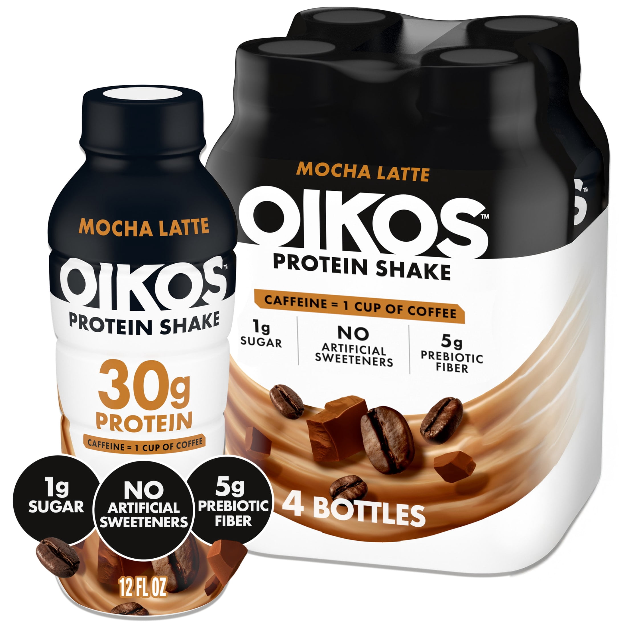 Oikos 30g Protein Shake, Mocha Latte, Shelf Stable, 12 fl oz, 4 Count Bottles