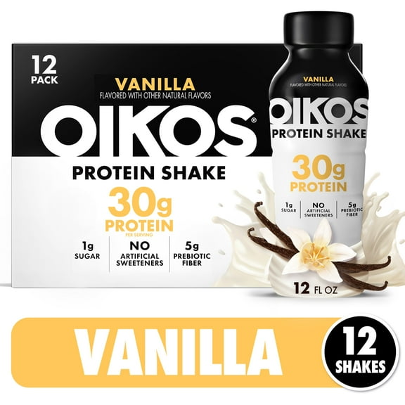 Oikos Protein Shake, Shelf Stable, Vanilla, 30g Protein, 12 fl oz, 12 Count Bottles