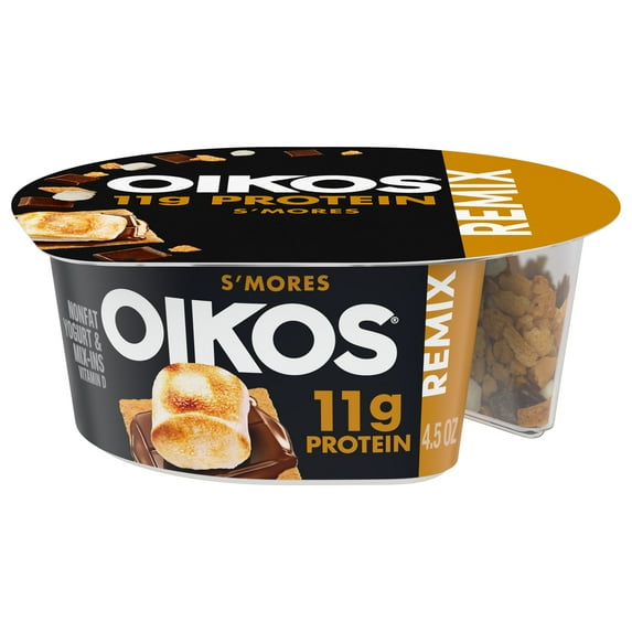 Oikos REMIX S’mores 11g Protein, Vanilla Fat Free Greek Yogurt Cup with Graham Cookies, Dark Chocolate and Toasted Marshmallow Bark Mix-Ins, 4.5 oz