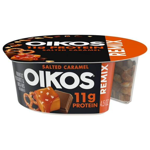 Oikos REMIX Salted Caramel 11g Protein, Caramel Fat Free Greek Yogurt Cup with Sea Salt Praline Pretzels, Dark Chocolate and Butter Toffee Mix-Ins, 4.5 oz