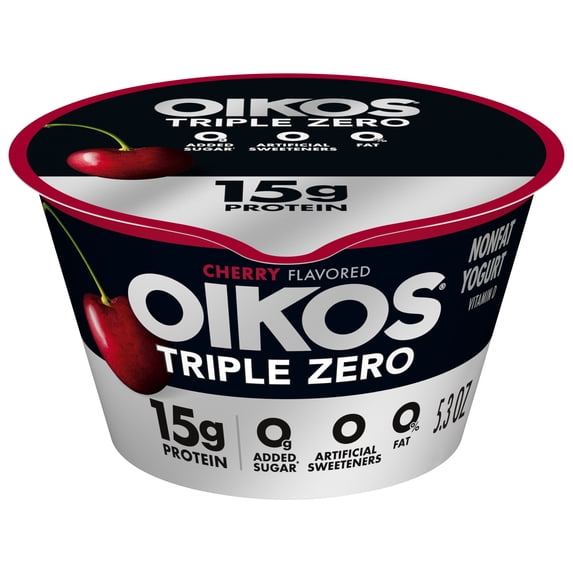 Oikos Triple Zero 15g Protein, 0g Added Sugar, Fat Free Cherry Greek Yogurt Cup, 5.3 oz
