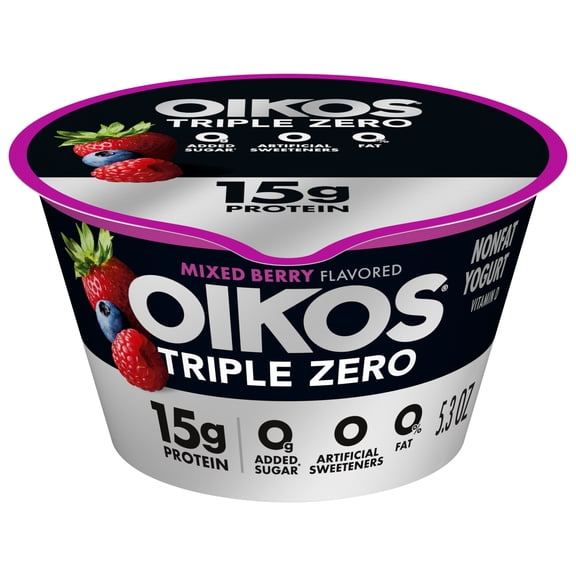Oikos Triple Zero 15g Protein, 0g Added Sugar, Fat Free Mixed Berry Greek Yogurt Cup, 5.3 oz