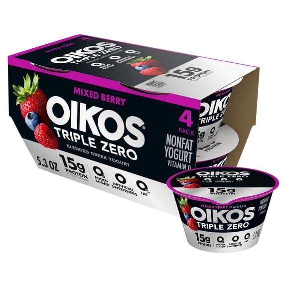 Oikos Triple Zero 15g Protein, 0g Added Sugar, Fat Free Mixed Berry Greek Yogurt Cups, 5.3 oz, 4 Count
