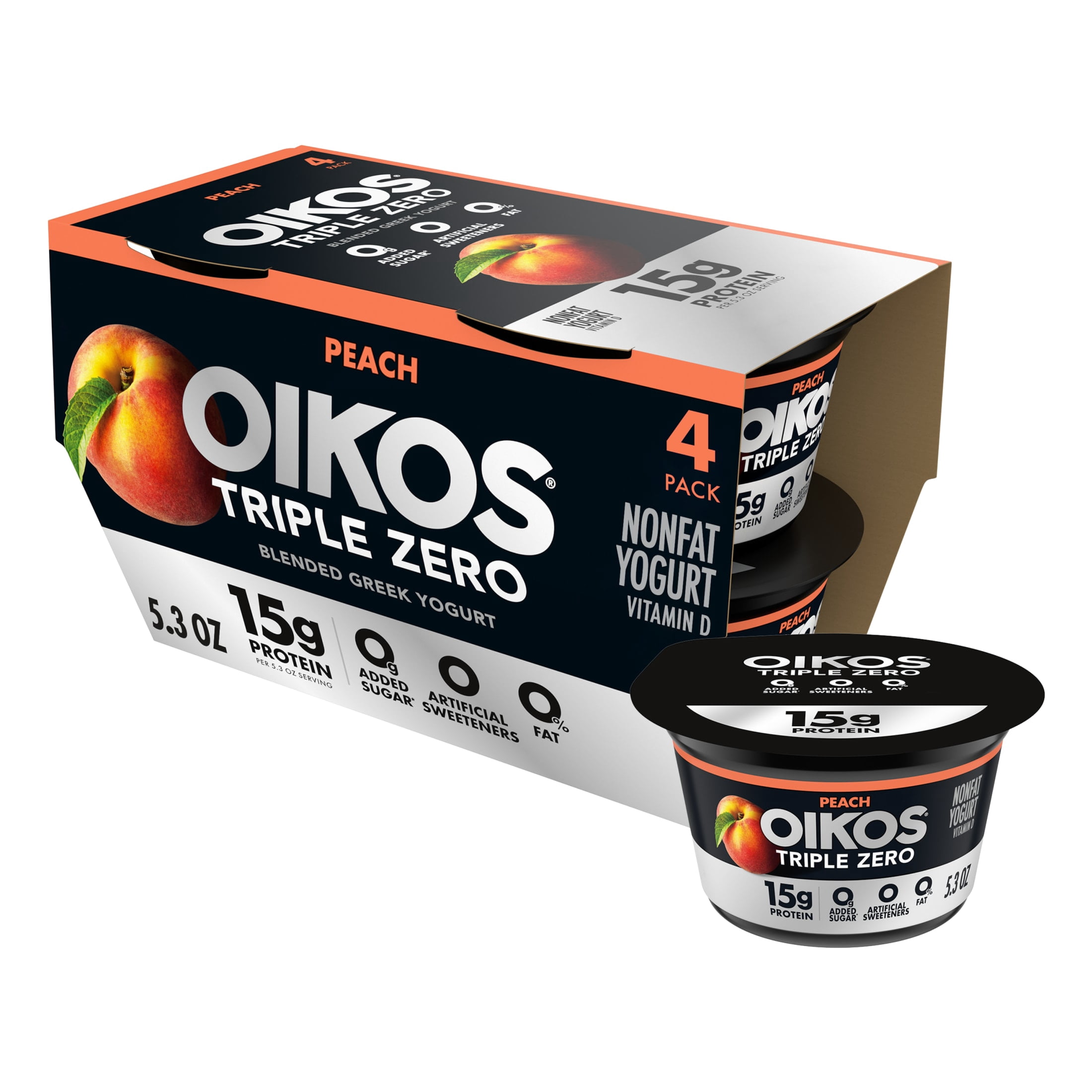 Oikos Triple Zero 15g Protein Peach Greek Yogurt, 90 Calories, 0g Added Sugar and 0 Artificial Sweeteners, Nonfat Yogurt Pack, Great for Office Snacks, 5.3 oz Cups, 4 Count