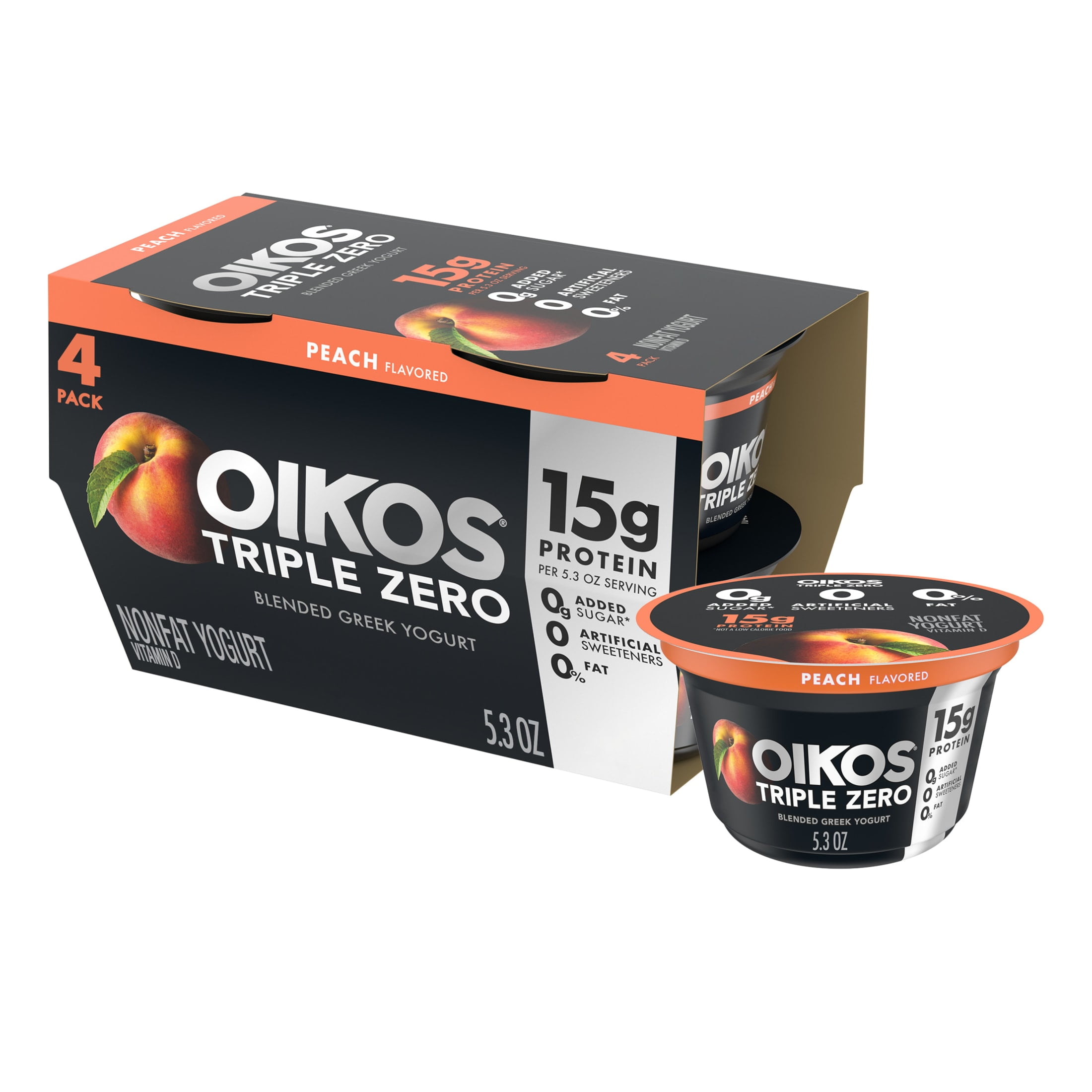 Oikos Triple Zero 15g Protein, 0g Added Sugar, Fat Free Peach Greek Yogurt Cups, 5.3 oz, 4 Count
