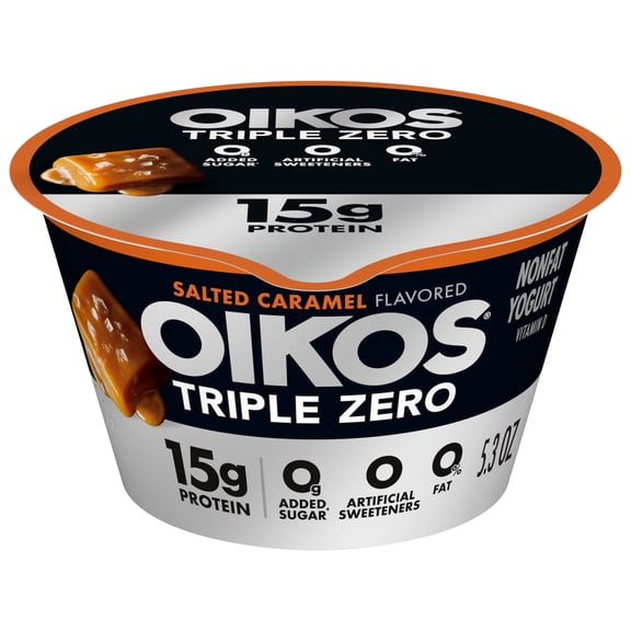 Oikos Triple Zero 15g Protein, 0g Added Sugar, Fat Free Salted Caramel Greek Yogurt Cup, 5.3 oz