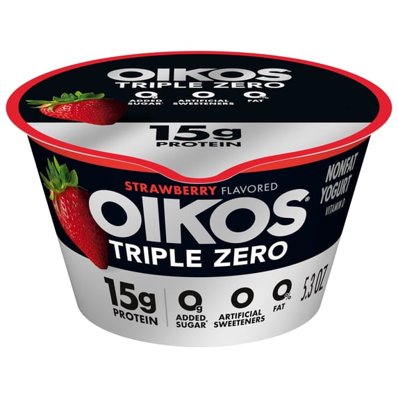 Oikos Triple Zero 15g Protein, 0g Added Sugar, Fat Free Strawberry Greek Yogurt Cup, 5.3 oz