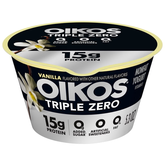 Oikos Triple Zero 15g Protein, 0g Added Sugar, Fat Free Vanilla Greek Yogurt Cup, 5.3 oz