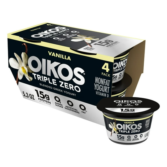 Oikos Triple Zero 15g Protein, 0g Added Sugar, Fat Free Vanilla Greek Yogurt Cups, 5.3 oz, 4 Count