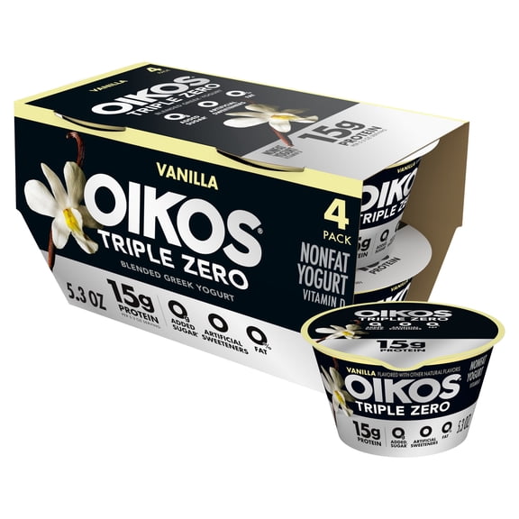Oikos Triple Zero 15g Protein, 0g Added Sugar, Fat Free Vanilla Greek Yogurt Cups, 5.3 oz, 4 Count
