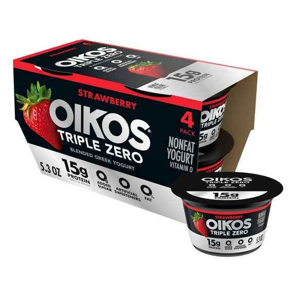 Oikos Triple Zero 15g Protein Fat Free Strawberry Greek Yogurt Cups, 5.3 oz, 4 Ct