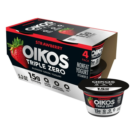 Oikos Triple Zero 15g Protein Fat Free Strawberry Greek Yogurt Cups, 5.3 oz, 4 Ct