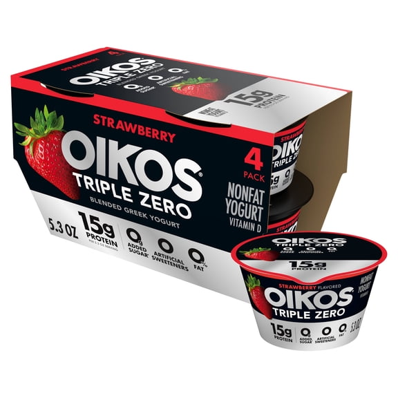 Oikos Triple Zero 15g Protein Fat Free Strawberry Greek Yogurt Cups, 5.3 oz, 4 Ct