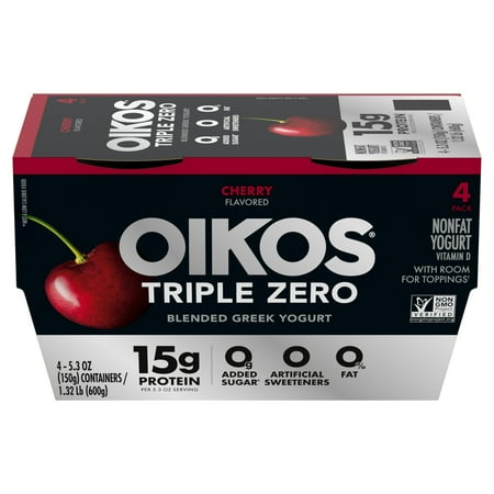 product image of Oikos Triple Zero 15g Protein, Sugar Free, Fat Free Cherry Greek Yogurt Cups, 5.3 oz, 4 Count