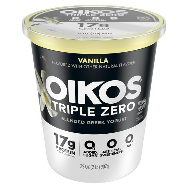 Oikos Triple Zero 17g Protein, 0g Added Sugar, Fat Free Vanilla Greek Yogurt Tub, 32 oz