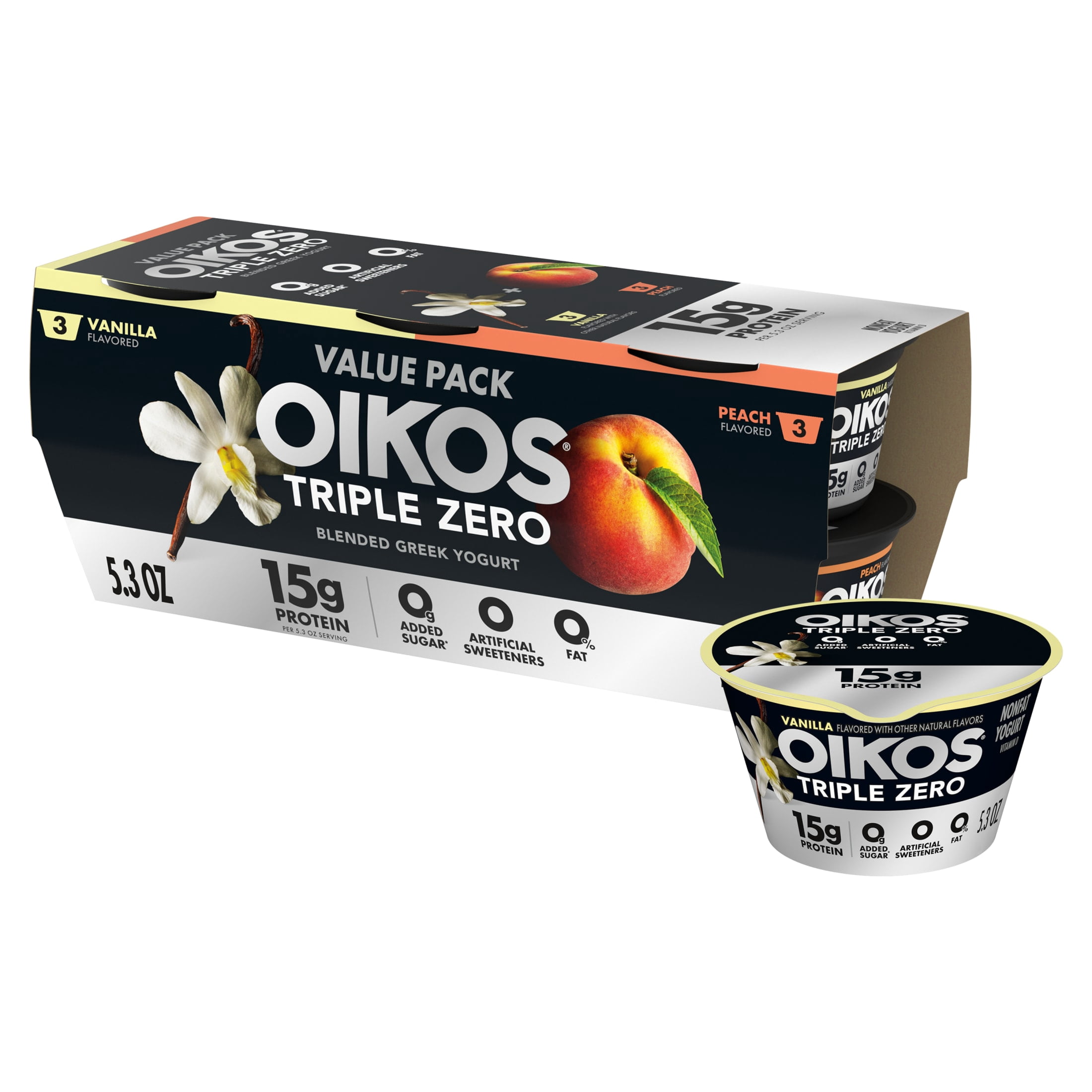 Oikos Triple Zero Peach and Vanilla Nonfat Greek Yogurt Cups, 5.3