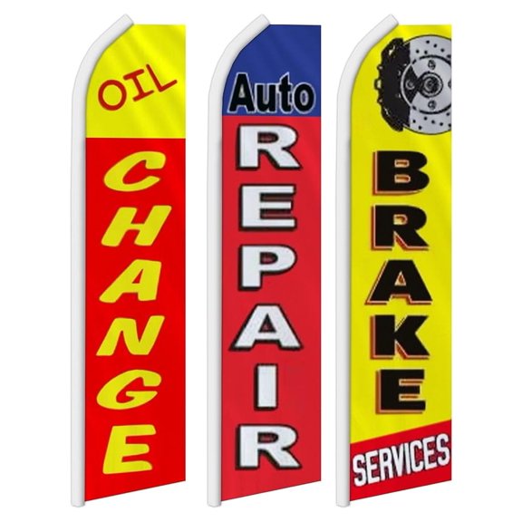 Oil Auto Repair Brake Services Flags Pack of 3 | 2.5ft x 11.5ft Outdoor King-Sized Advertising Flags | Durable Weatherproof Polyester Car Shop Banner Signs