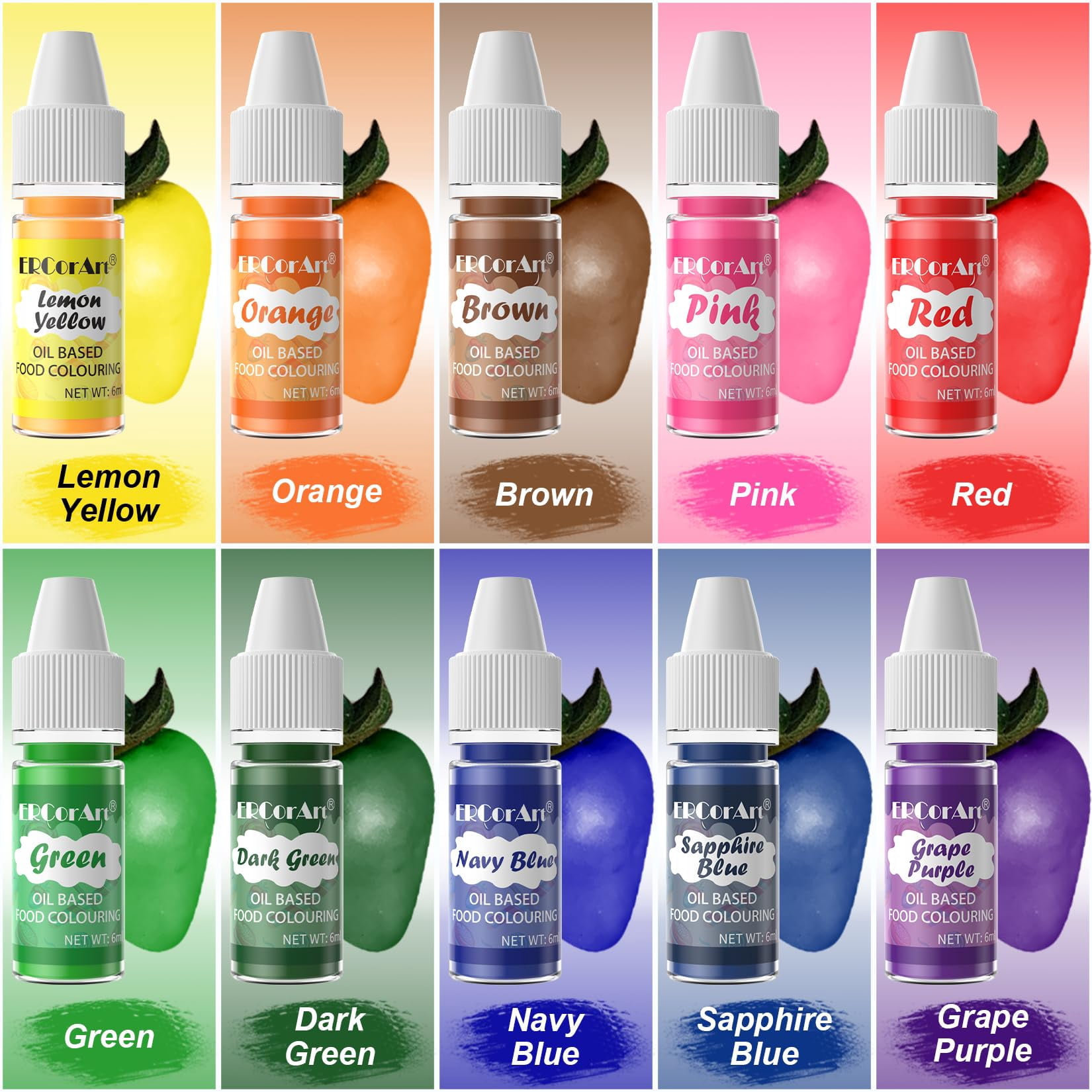 Oil Based Food SCH4Coloring - 10 Colors Upgraded Food Coloring for Chocolate, ERCorArt Edible Oil Food Dye for Candy Melts, Cake Decorating, Fondant, Icing Frosting, Baking - (.25 Fl.Oz Bottles)