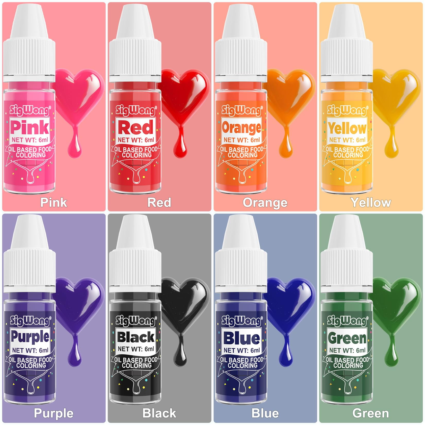 Oil Based Food SCH4Coloring - 8 Colors Upgraded Food Coloring for Chocolate, SigWong Oil Based Food Dye for Cake Decorating, Baking, Cookies, Icing Frosting, Fondant - 0.25 Fl.Oz/Bottles
