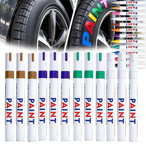 Oil-Based Tire Lettering & DIY Detail Pen, 12 Colors Waterproof Permanent Paint Markers, Quick Dry Oil-Based Paint Pen Set for Car Tires, Rubber, Metal, Wood, Glass(12Pcs/D)