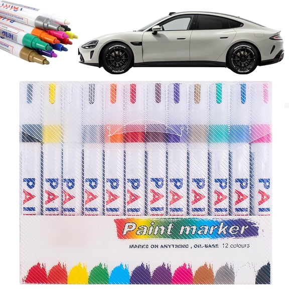 Oil-Based Tire Lettering & DIY Detail Pen Waterproof Quick-Dry Permanent, Paint Markers Letter Touch up Car 12 Colors 3mm Writing Width Lettering DIY Detail for Rubber Wood Glass Ceramic Metal