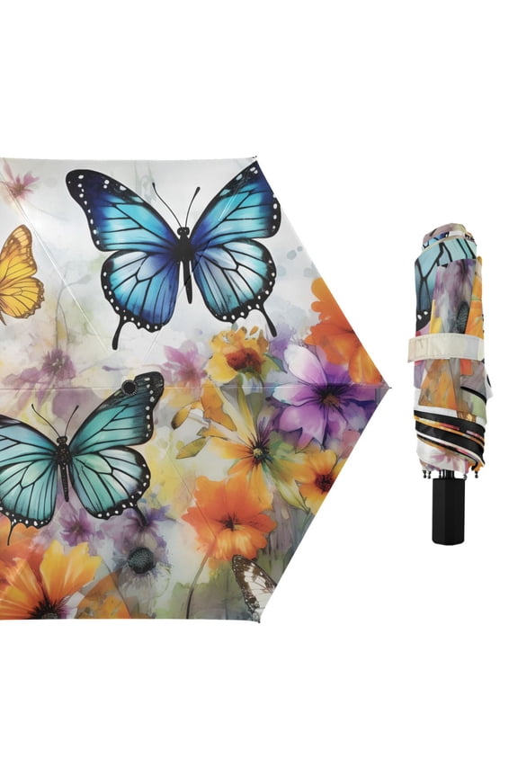 Oil Butterflies Flying Compact Sun Umbrella Windproof Travel Umbrellas for Rain Strong Portable UV Protection