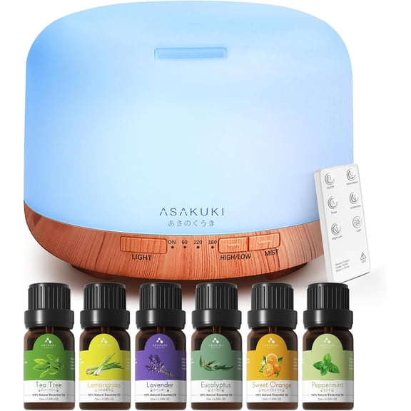 Oil Diffuser with Essential Oils Set, 500ml Aromatherapy Humidifier with 14 LED Colors & Auto Shut-Off - 6 Oil Gift Pack(Lavender Eucalyptus Tea Tree Orange Peppermint Lemongrass)