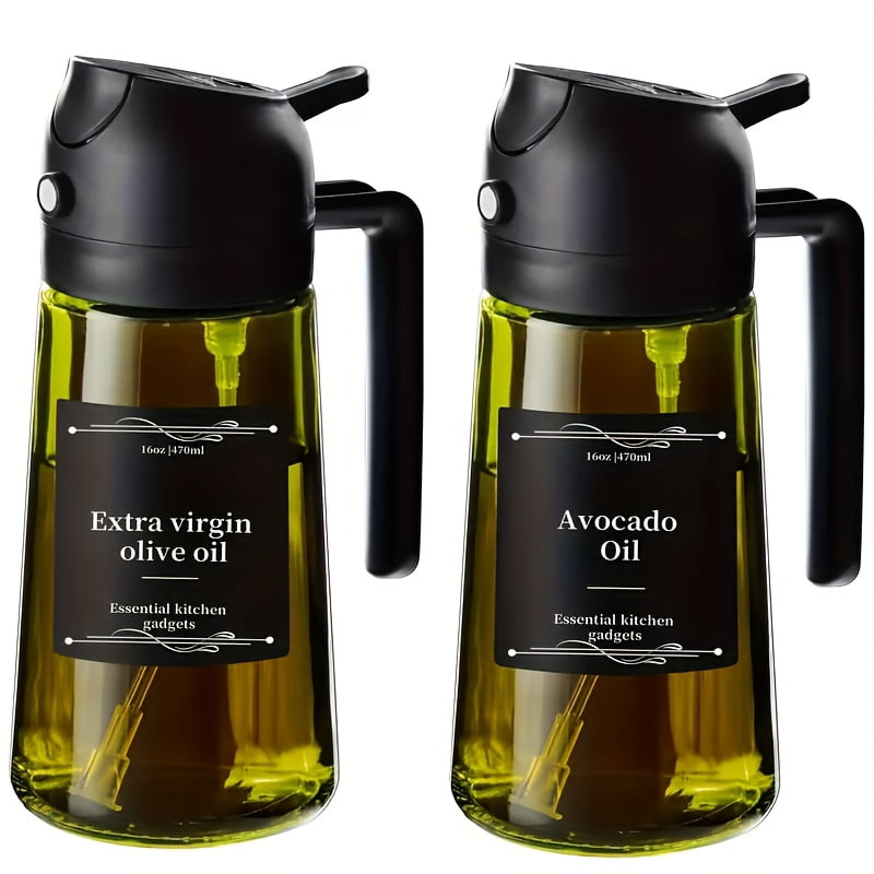 Oil Dispenser Bottle with Sprayer, 2 Pack 16 oz Dark Green Glass for Cooking BBQ