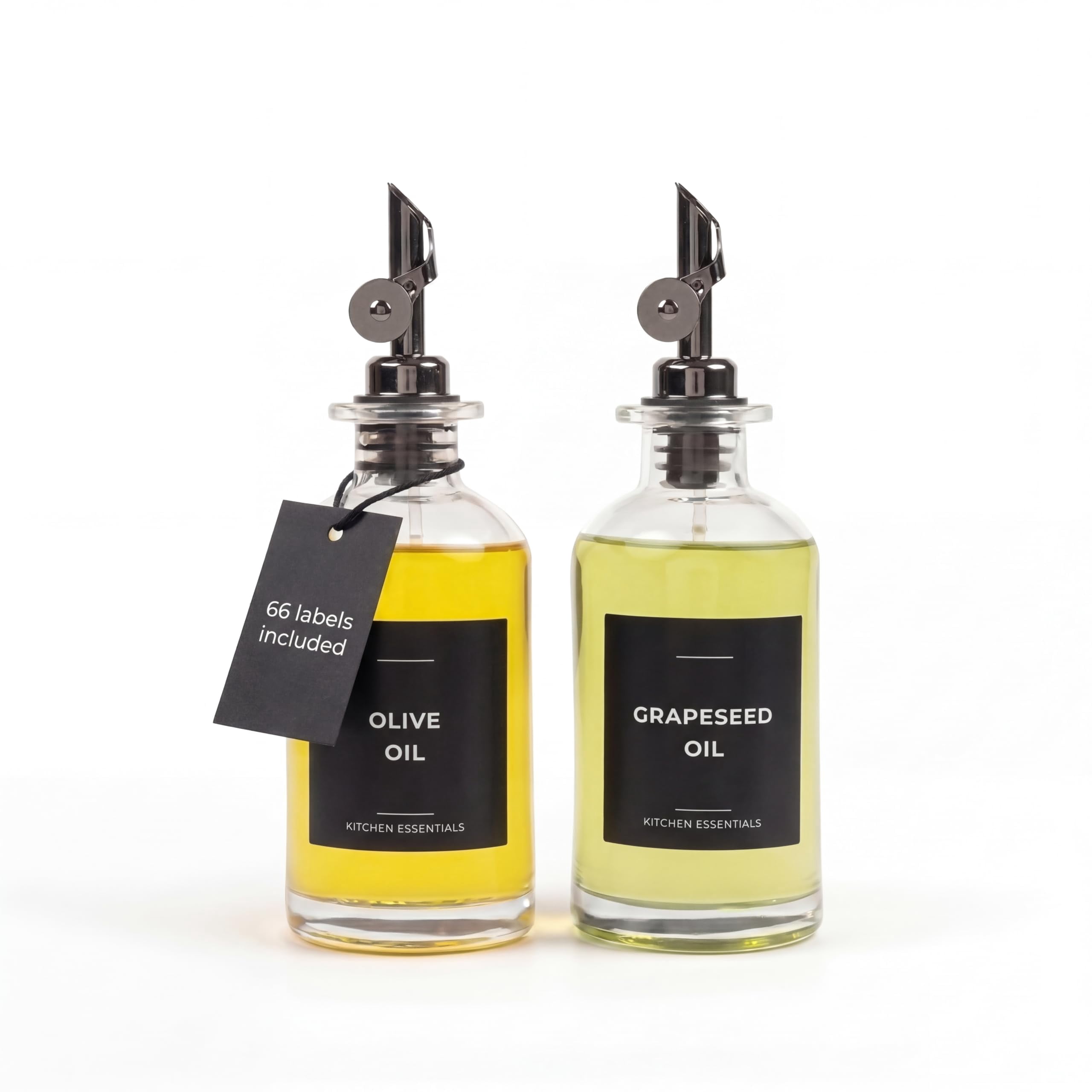 Oil Dispenser For Kitchen - Glass Olive Bottle Set Of 2 (11.8oz) With Black Weighted Self-closing Pourer Cooking 66 Labels  Aligner & Funnel