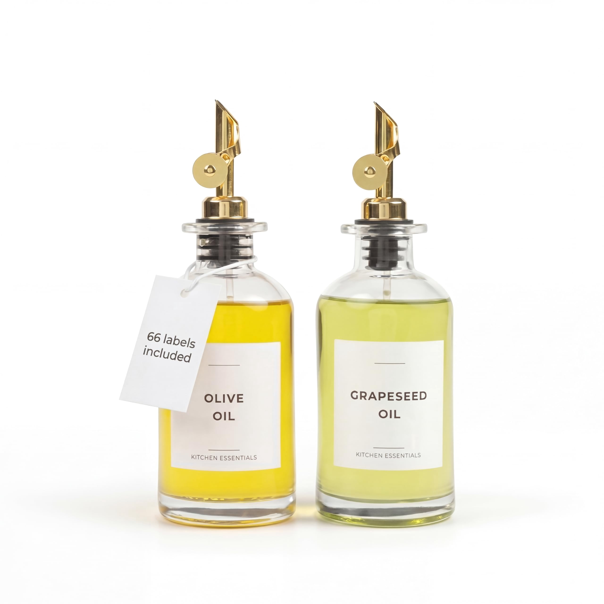 Oil Dispenser For Kitchen - Glass Olive Bottle Set Of 2 (11.8oz) With Weighted Self-closing Pourer Cooking 66 Labels  Aligner & Funnel