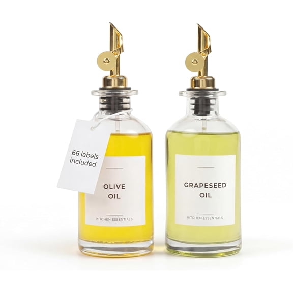 Oil Dispenser for Kitchen - Glass Olive Oil Bottle Set of 2 (11.8oz) with Gold Weighted Self-Closing Pourer - Cooking Oil Dispenser with 66 Labels, Aligner & Funnel
