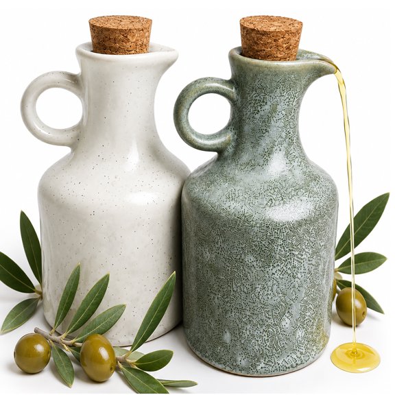 2 Pcs Ceramic Olive Oil Dispensers with Handle & Cork Stopper, 13.5 Oz|Smooth & Sturdy Ceramic, Drip-Proof Spout, Non-Slip Base, Elegant Oil Cruets for Vinegar, Wine