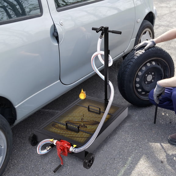 Oil Drain Pan with Manual Pump, 15 Gallon Oil Drain Pan with 7.2 ft Long Soft Tube & Foldable T-Handle 4500 RPM Oil Drain Cart for Heavy-Duty Trucks, Buses, Cars, Suvs, Rvs