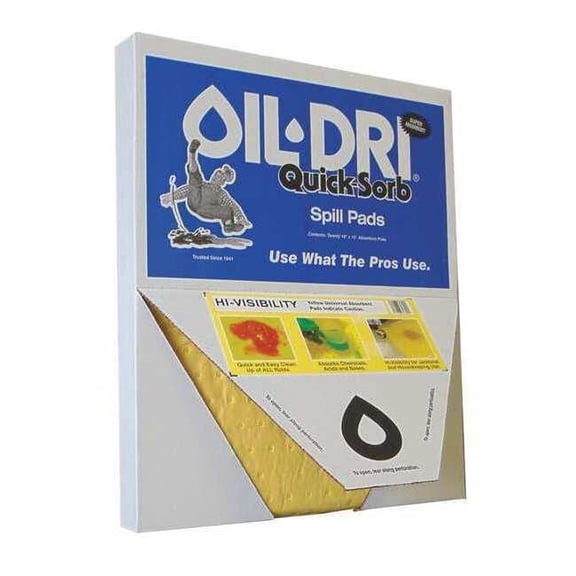 Sorbent Pad, Universal, 2 gal Vol Absorbed per Pkg, 15 in x 19 in, Yellow, Polypropylene, 20 PK