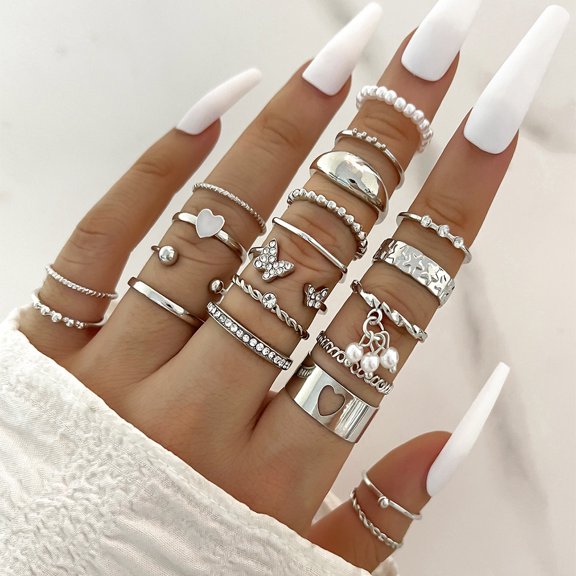 Womens Knuckle Rings Set 23 Pcs Trendy Rings for Women Ins Style Rings Drop Shape Rings Cross Pearl Rings Sun Moon Eye Rings Gold Silver Rings