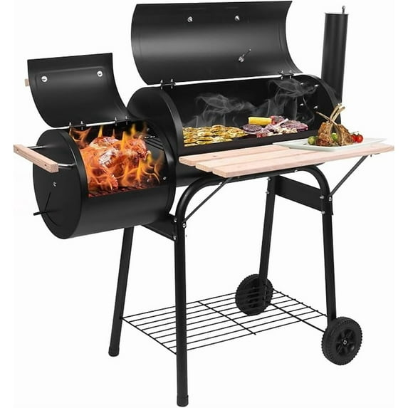 Oil Drum Charcoal Furnace Grill & High-Temperature Offset Smoker – Camping BBQ with Side Fire Box, Wheels, Thermometer & Chimney – Portable Outdoor Barbecue for Backyard, Patio, Picnics & Tailgating