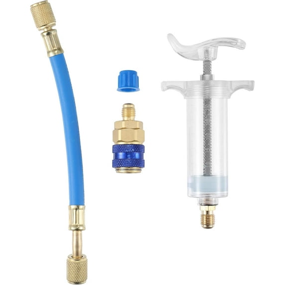 Oil and Dye Injectors Kit 30ml/1 Oz Hand Push Compressor Manual AC Oil Dye Injector with Quick Coupler 1/4 SAE Connector Car HVAC Compressor Oil Dye Injector Refrigerant Tool