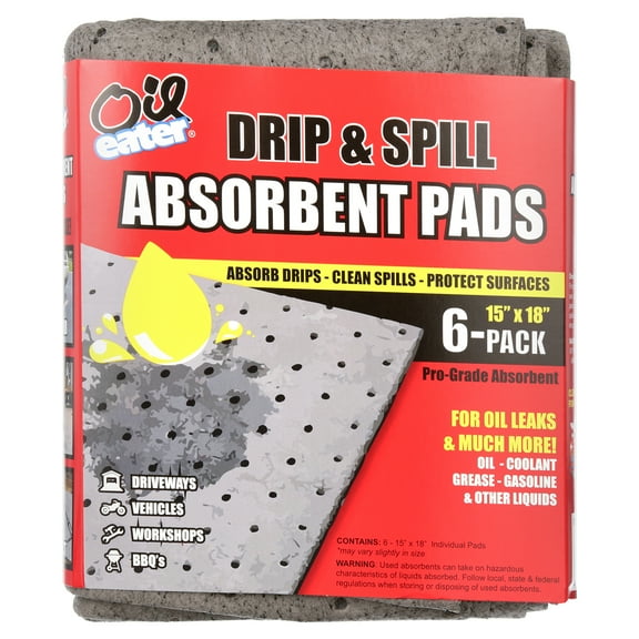 Oil Eater Absorbent Pads for Oil Changes, Leaks, Protecting Surfaces & Cleanings, Grey Poly-Material, Universal Fluid, 6-Pack