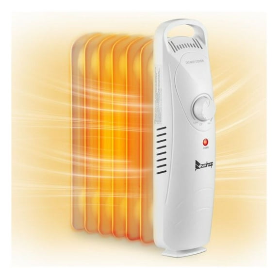 Oil Filled Radiator Heater 600W, Portable Electric Space Heater with Thermostat & Safety Protection, Indoor Use for Bedroom Office Home, White