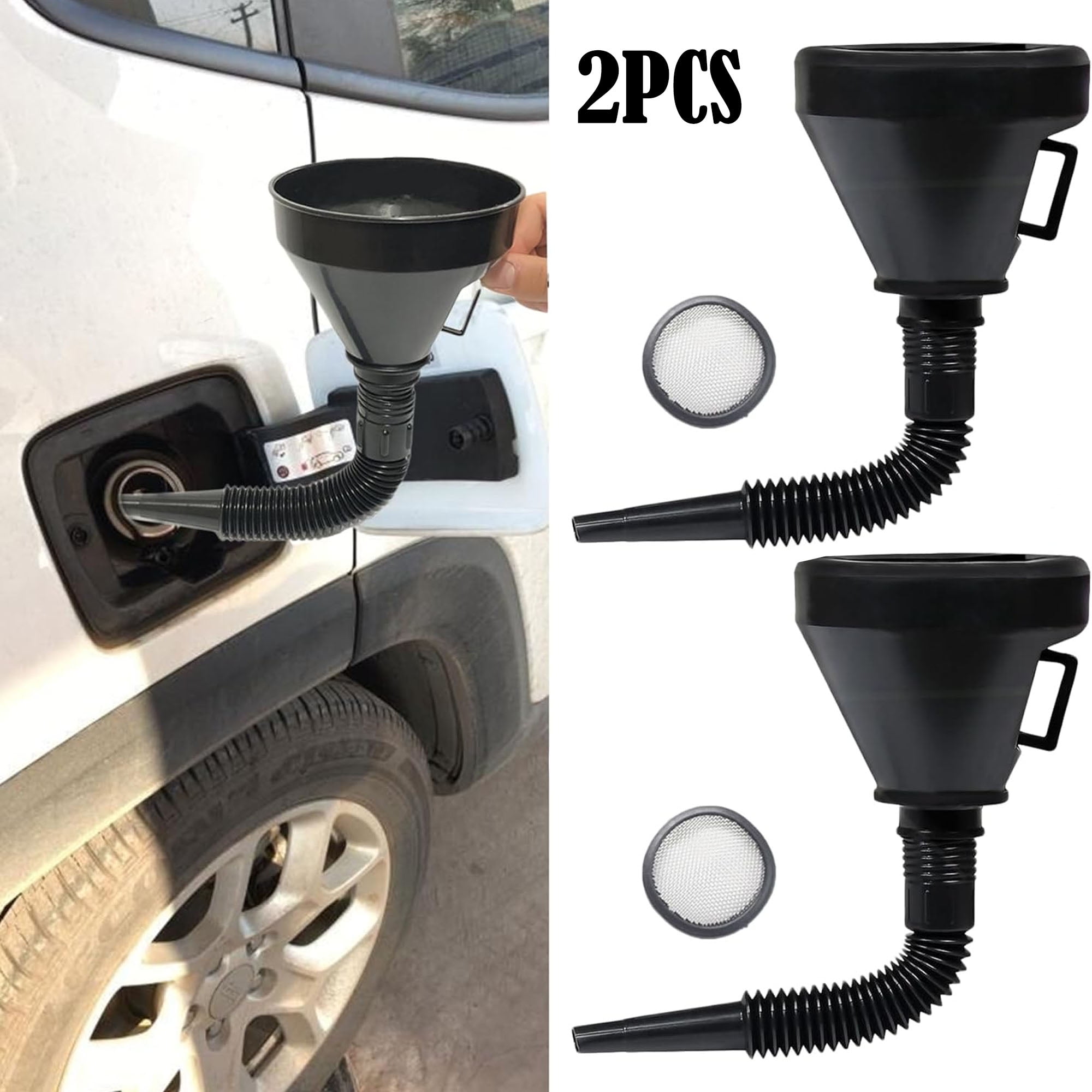 Oil Funnel with Hose, Wide Mouth Gas Funnel, Plastic Long Neck Oil Funnel with Detachable Spout and Filter, Flexible Right Angle Funnels for Water, Gasoline, Coolant, Engine Oil