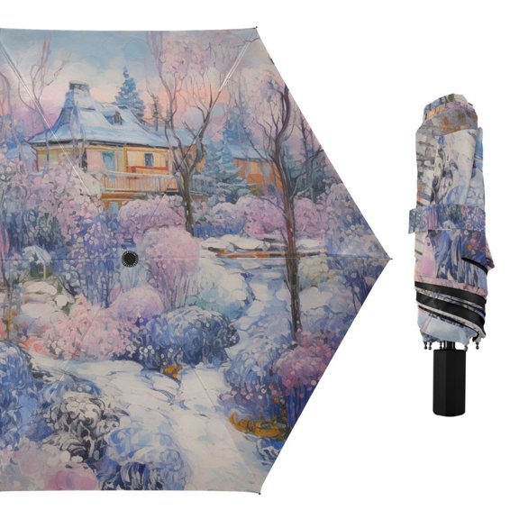 Oil House and Snow Scene Compact Sun Umbrella Windproof Travel Umbrellas for Rain Strong Portable UV Protection