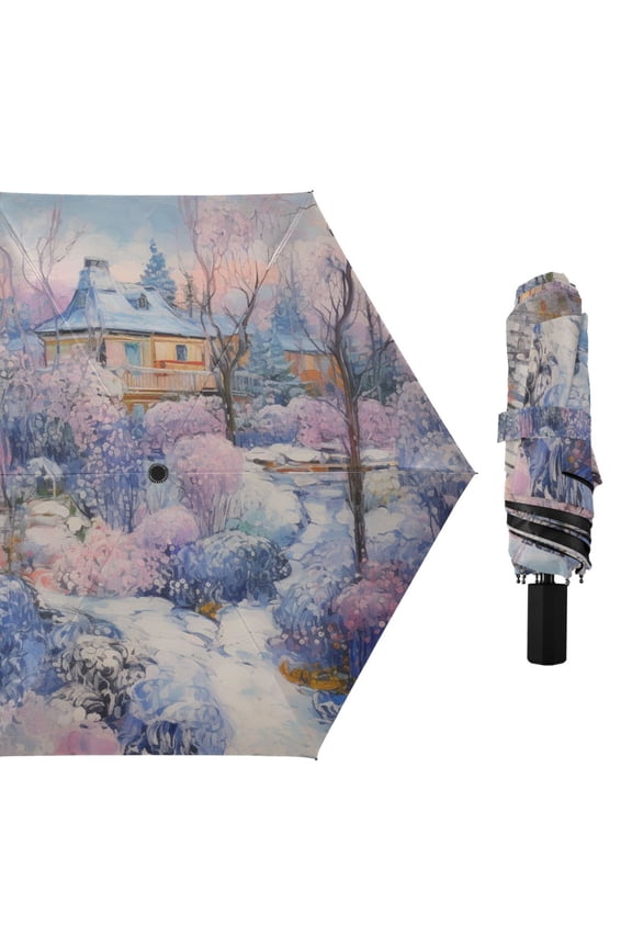 Oil House and Snow Scene Compact Sun Umbrella Windproof Travel Umbrellas for Rain Strong Portable UV Protection