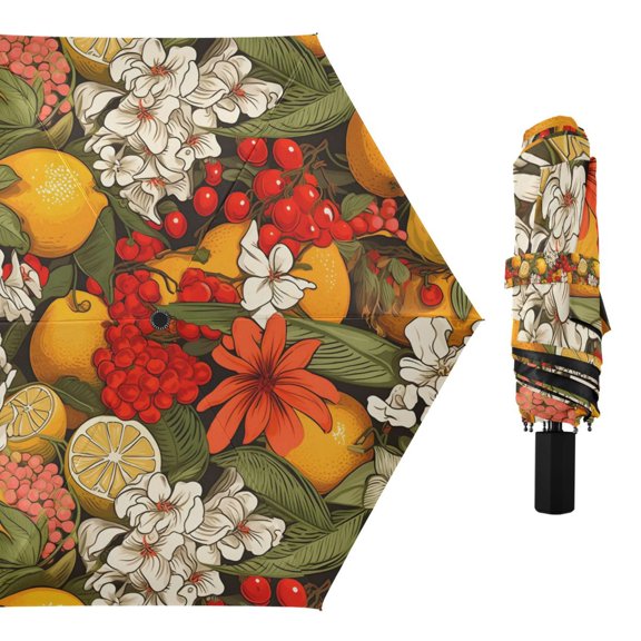Oil Lemon Flowers Berry Compact Sun Umbrella Windproof Travel Umbrellas for Rain Strong Portable UV Protection