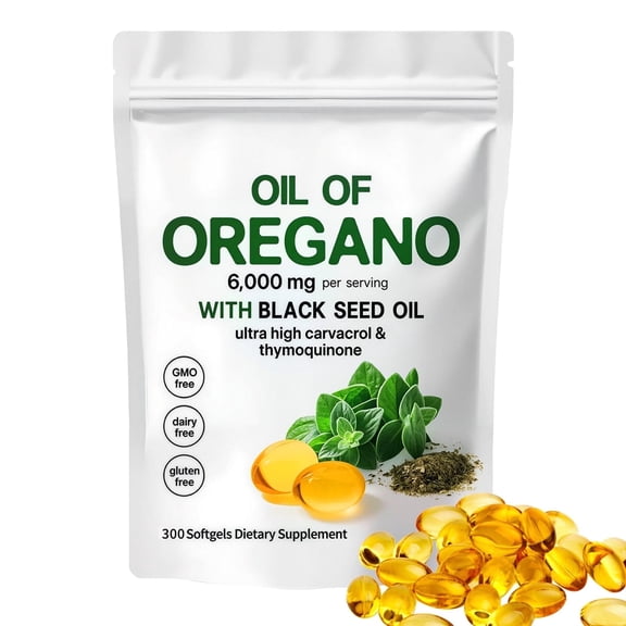 Oil of Oregano with Black Seed Oil, 6000mg Oregano Oil Capsules Organic, of Oregano Supplement Capsules, Natural Antioxidants, Non-GMO, Gluten Free, 300 Softgels